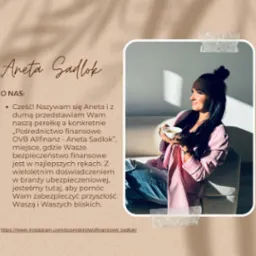Kobieta z ciemnymi włosami w różowej marynarce siedzi na kanapie, trzymając filiżankę w dłoniach, spoglądając w prawo; obok tekst z informacjami o Anecie Sadlok i jej działalności finansowej.