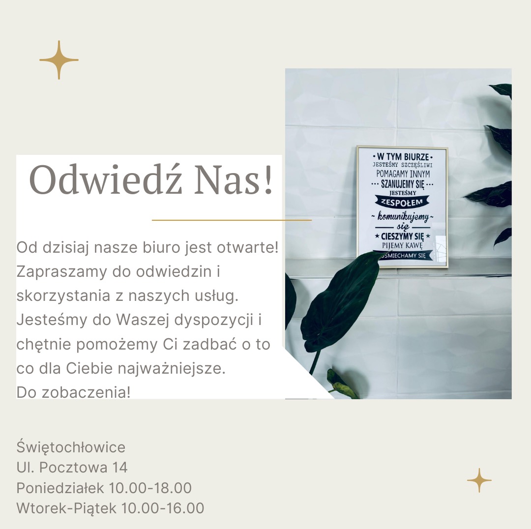 Zaproszenie do biura: tekst z adresem i godzinami otwarcia obok dekoracji z roślin i ramki z pozytywnymi hasłami.