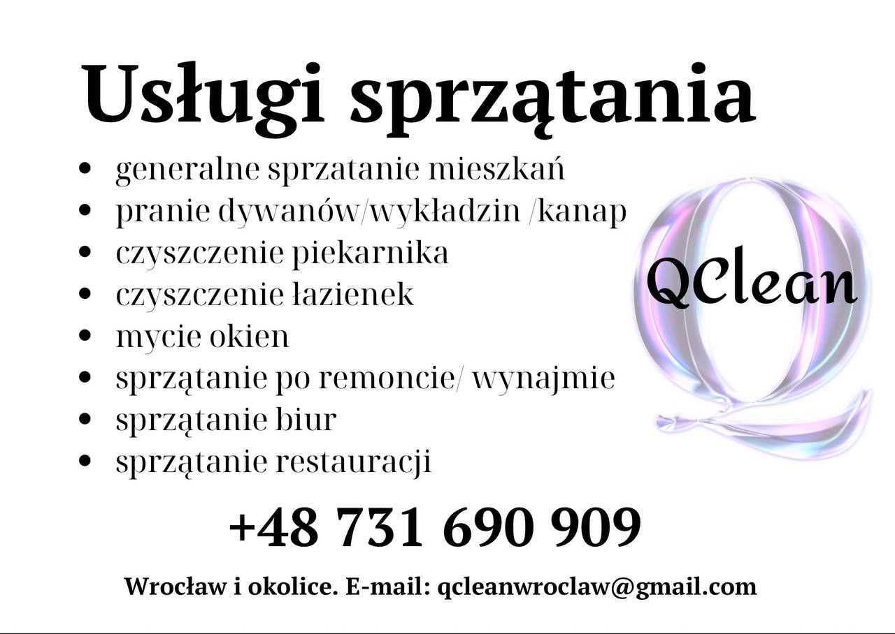 Oferta usług sprzątania QClean we Wrocławiu, obejmująca sprzątanie mieszkań, pranie dywanów i kanap, czyszczenie piekarników i łazienek, mycie okien, sprzątanie po remoncie, sprzątanie biur...