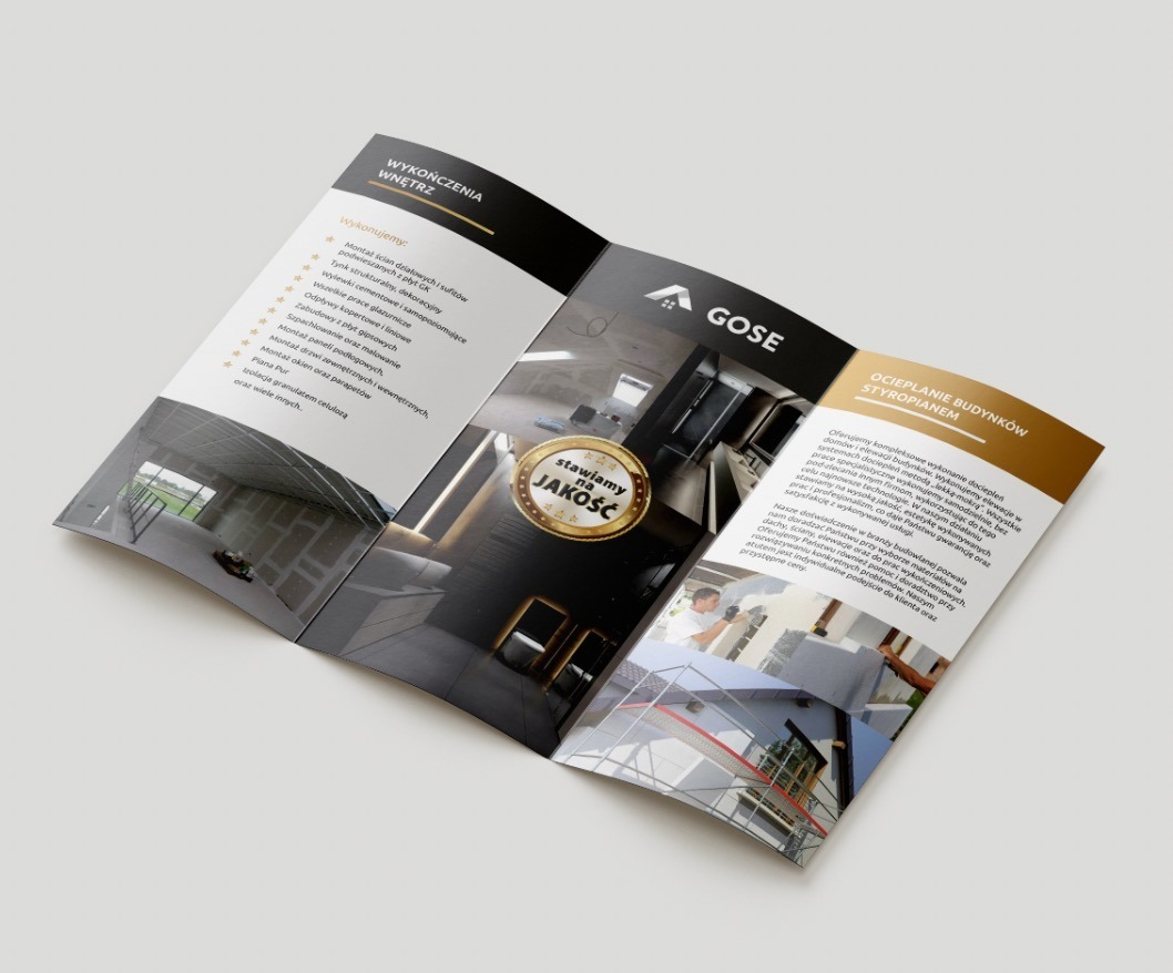 Ulotka reklamowa firmy budowlanej z ofertą wykończenia wnętrz i ocieplania budynków styropianem, z hasłem 'stawiamy na jakość'.