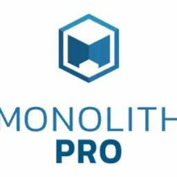 Grafika z logo firmy Monolith Pro: niebieski sześcian z wgłębieniem i nazwa firmy w dwóch wierszach. Prosty, nowoczesny design na białym tle.