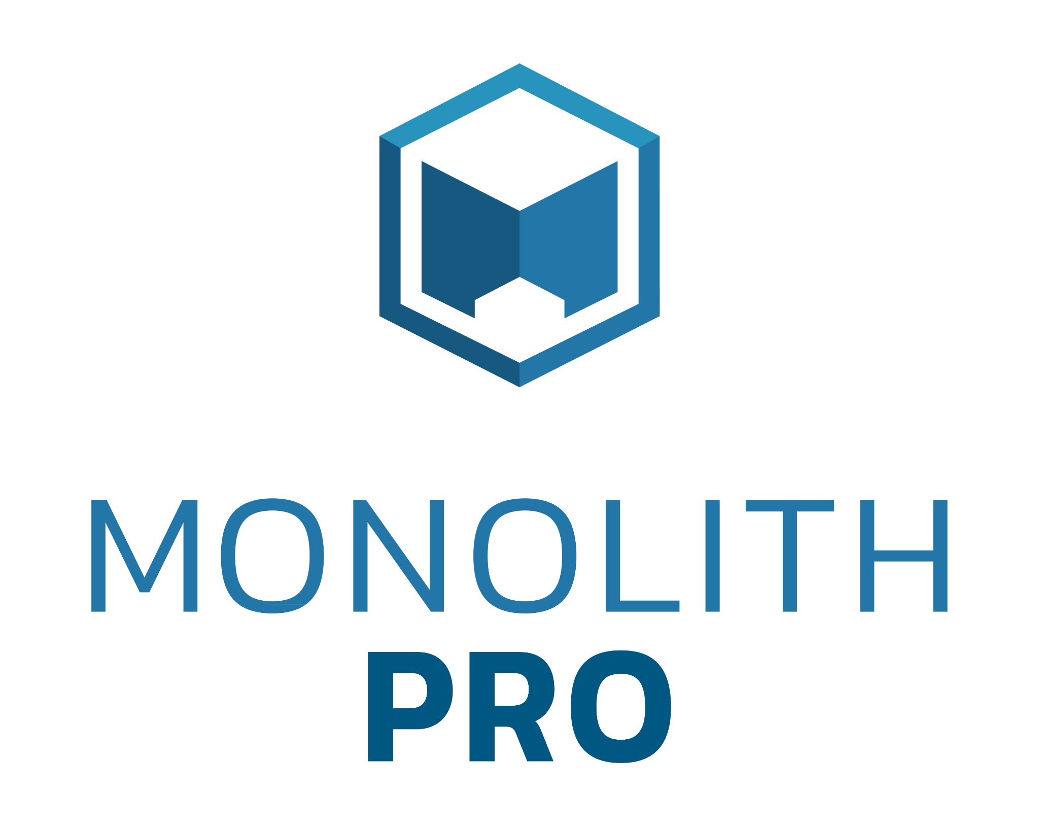 Grafika z logo firmy Monolith Pro: niebieski sześcian z wgłębieniem i nazwa firmy w dwóch wierszach. Prosty, nowoczesny design na białym tle.