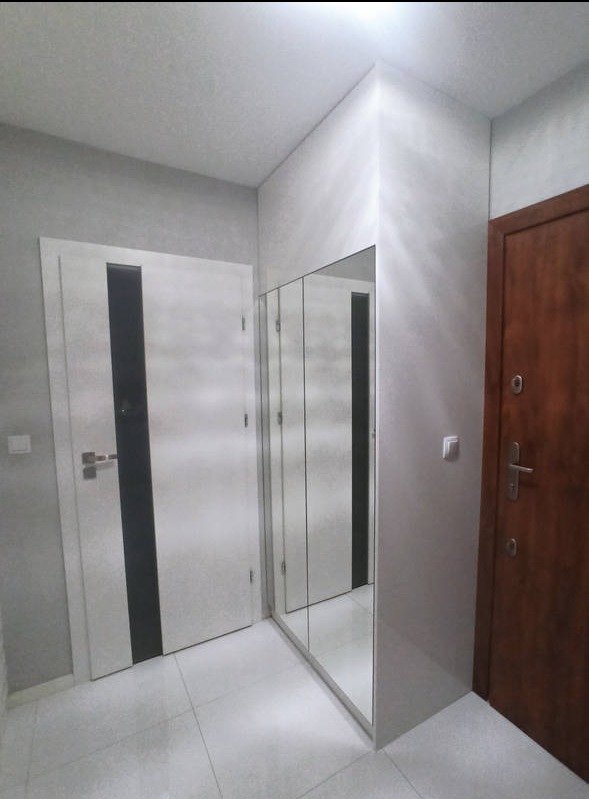 Wnętrze przedpokoju z szafą wnękową z lustrzanymi drzwiami, białą ścianą i dwiema parami drzwi: białymi z czarnym paskiem i brązowymi.