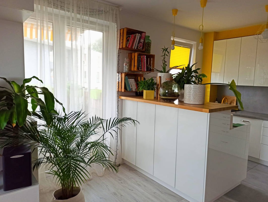 Jasna kuchnia z wyspą i drewnianym blatem, dekorowana licznymi roślinami doniczkowymi, z otwartymi półkami z książkami i elementami w kolorze żółtym.