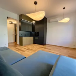 Nowoczesna kuchnia z zabudową w kolorach oliwkowym i czarnym, oświetlona wiszącymi lampami o organicznym kształcie, widok z perspektywy salonu z szarą sofą.