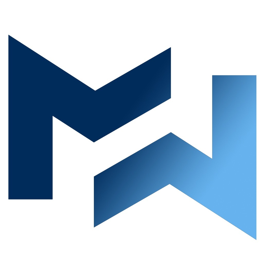 Abstrakcyjne logo firmy w odcieniach niebieskiego, przypominające połączenie liter M i W, z efektem gradientu.