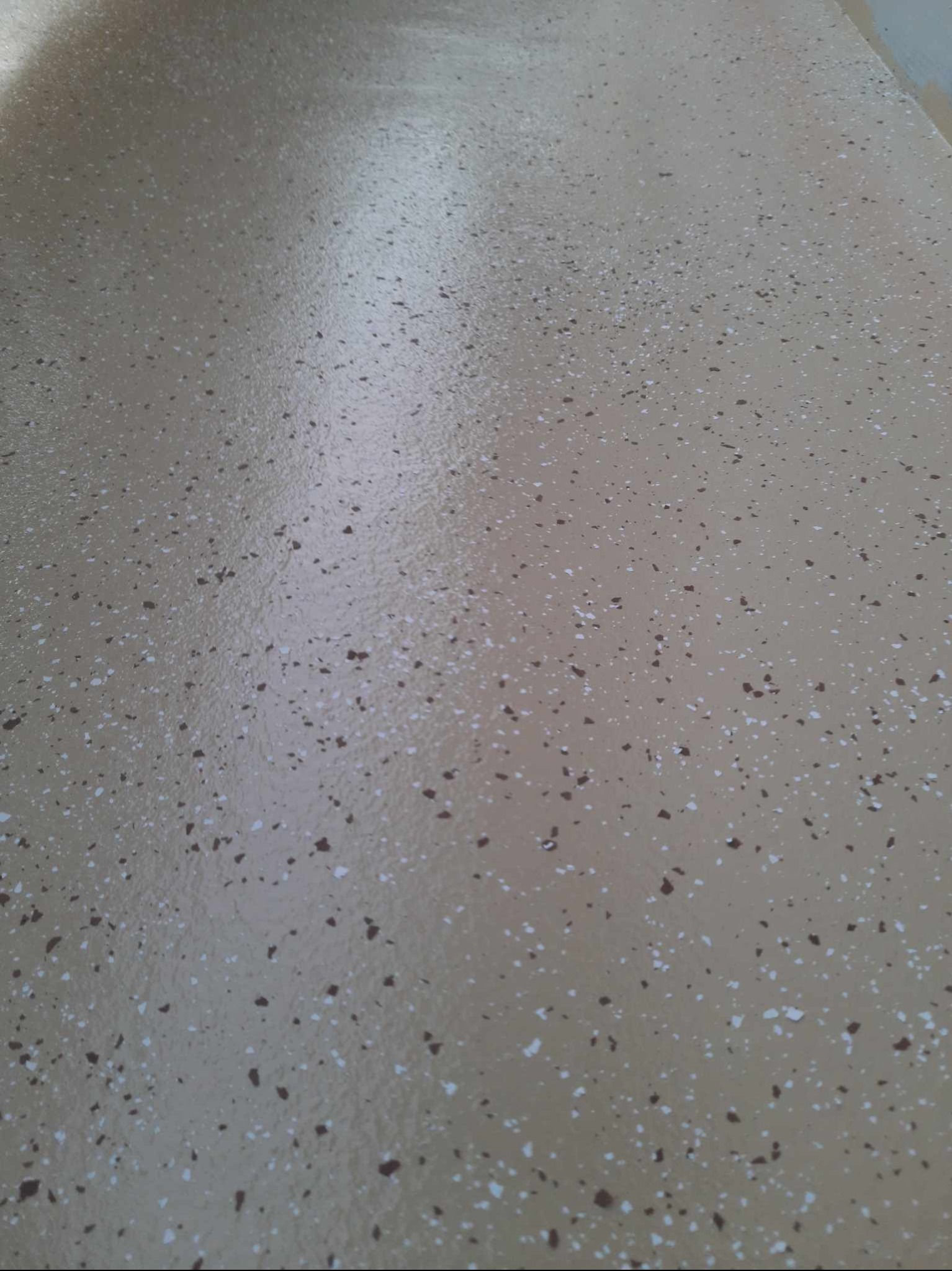 Beżowa posadzka z drobnymi, nieregularnymi plamkami w kolorach białym i brązowym, wykończona na wysoki połysk.