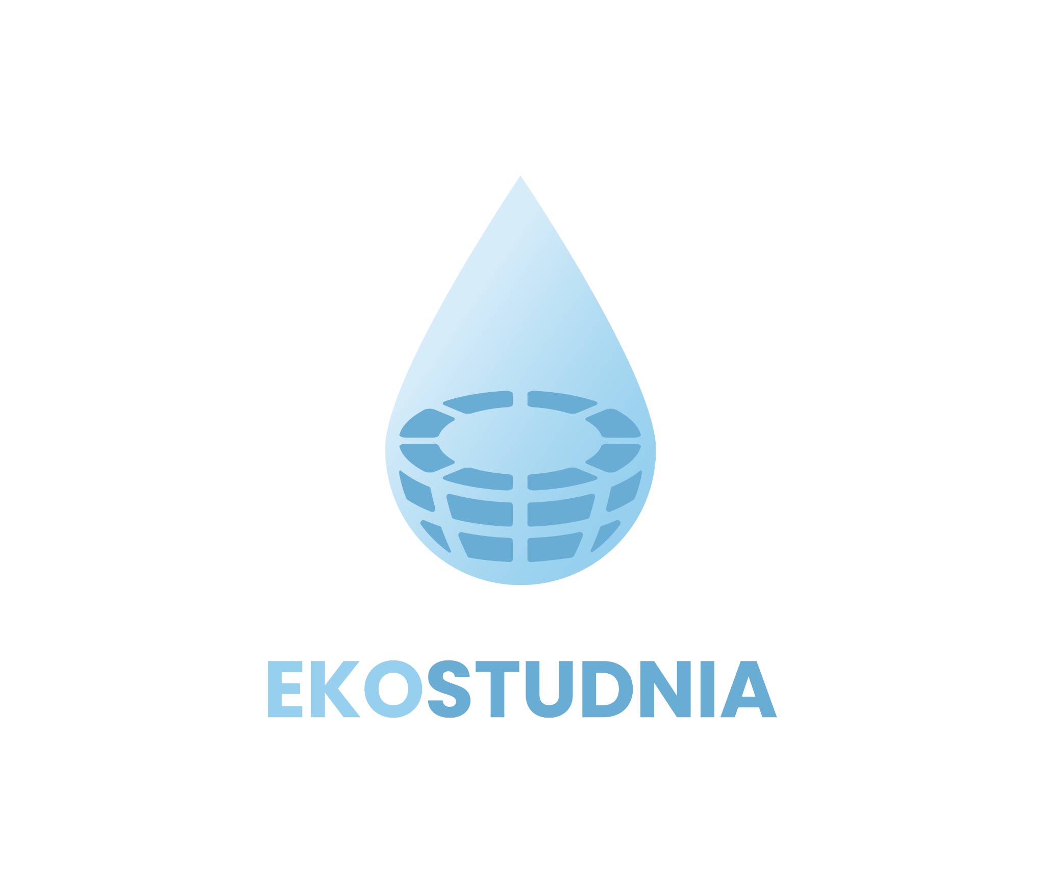 Grafika logotypu firmy EKOSTUDNIA: błękitna kropla wody z motywem studni w środku, symbolizująca ekologiczne rozwiązania w wierceniu studni głębinowych.