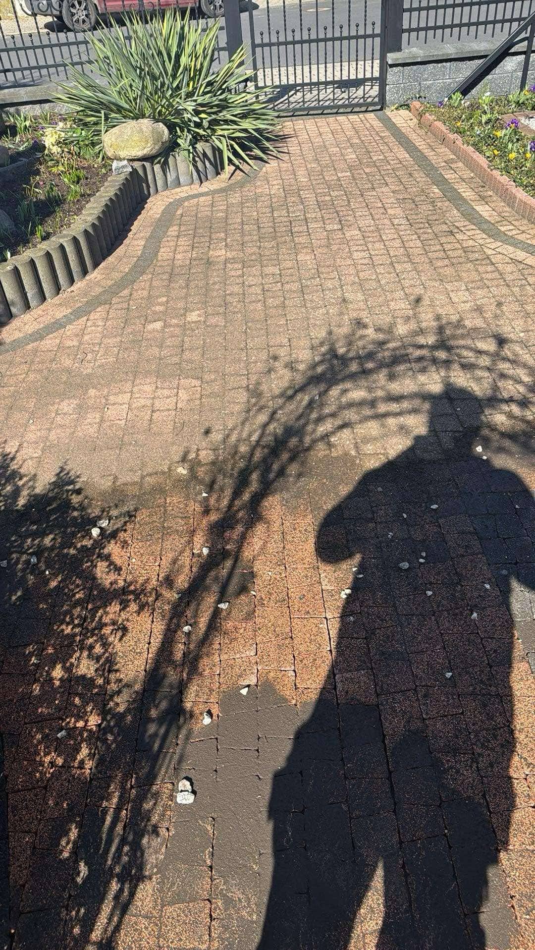 Ułożona kostka brukowa w odcieniach brązu, obramowana zielenią i kwiatami, z cieniem osoby i drzewa rzucającym się na nawierzchnię. Brama w tle.