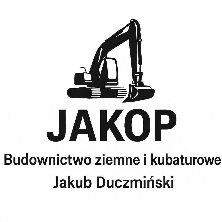 Czarno-białe logo firmy JAKOP z sylwetką koparki, nazwą i opisem: Budownictwo ziemne i kubaturowe Jakub Duczmiński. Minimalistyczny design.