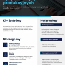 Infografika firmy Akcja Jakość prezentująca optymalizację procesów produkcyjnych, analizę procesów, tworzenie dokumentacji i propozycje usprawnień, z laptopem MacBook Pro w tle wyświetlającym wykresy.