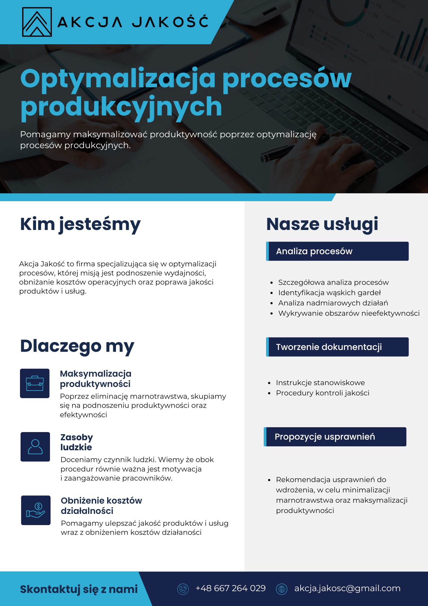 Infografika firmy Akcja Jakość prezentująca optymalizację procesów produkcyjnych, analizę procesów, tworzenie dokumentacji i propozycje usprawnień, z laptopem MacBook Pro w tle wyświetlającym wykresy.