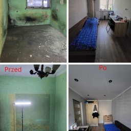 Pan Robótka - Kolaż 'Przed i Po' przedstawiający pokój: zniszczone, zielone ściany z widocznymi śladami wilgoci i odchodzącą farbą zestawione z odnowionym pokojem w szarościach, z drewnianą podłogą, meblami...