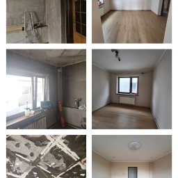 Pan Robótka - Kolaż zdjęć przedstawiających pokój przed i po remoncie: surowe ściany z narzędziami w nieładzie oraz wykończone wnętrze z nową podłogą i oświetleniem.