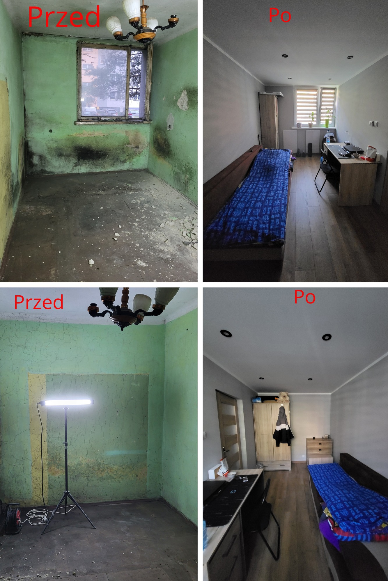 Kolaż 'Przed i Po' przedstawiający pokój: zniszczone, zielone ściany z widocznymi śladami wilgoci i odchodzącą farbą zestawione z odnowionym pokojem w szarościach, z drewnianą podłogą, meblami...