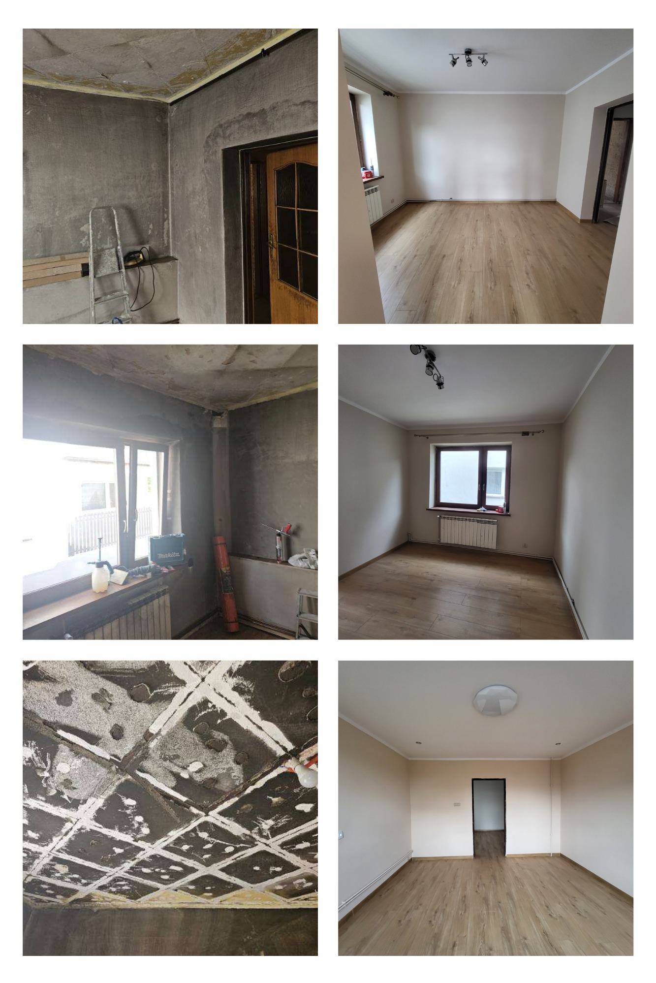 Kolaż zdjęć przedstawiających pokój przed i po remoncie: surowe ściany z narzędziami w nieładzie oraz wykończone wnętrze z nową podłogą i oświetleniem.