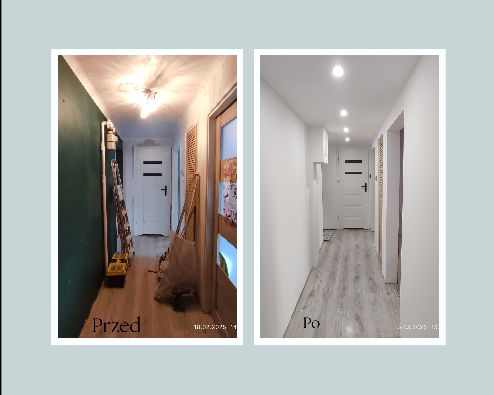 Korytarz przed i po: po lewej ciemnozielona ściana, drabina, narzędzia i stare oświetlenie; po prawej białe ściany, nowe oświetlenie punktowe i świeżo ułożona podłoga.