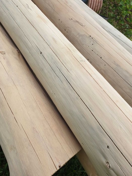 Przygotowane do obróbki drewniane bale o jasnym odcieniu, z widocznymi śladami po owadach i naturalnymi pęknięciami, ułożone na drewnianej powierzchni, z fragmentem zieleni w tle.