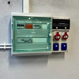Tomodom Tomasz Turski - Zamknięta skrzynka elektryczna z bezpiecznikami i gniazdami siłowymi na szarej, chropowatej ścianie. Widoczne przewody w białej listwie. Ujęcie z dołu.
