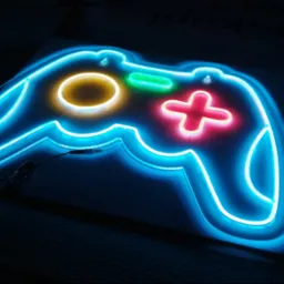 Niebieski neon w kształcie kontrolera do gier z podświetlanymi elementami: czerwony krzyżak, żółty okrąg i zielony prostokąt.