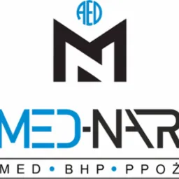 Logo firmy MED-NAR z dużym czarnym symbolem litery M i niebieskim napisem MED-NAR oraz dopiskiem MED BHP PPOŻ.