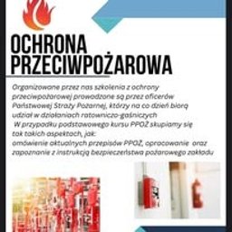 MED-NAR Daniel Naranowicz - Plakat informujący o szkoleniach z ochrony przeciwpożarowej, organizowanych przez oficerów Państwowej Straży Pożarnej. Na dole zdjęcia sprzęt gaśniczy i alarm pożarowy.