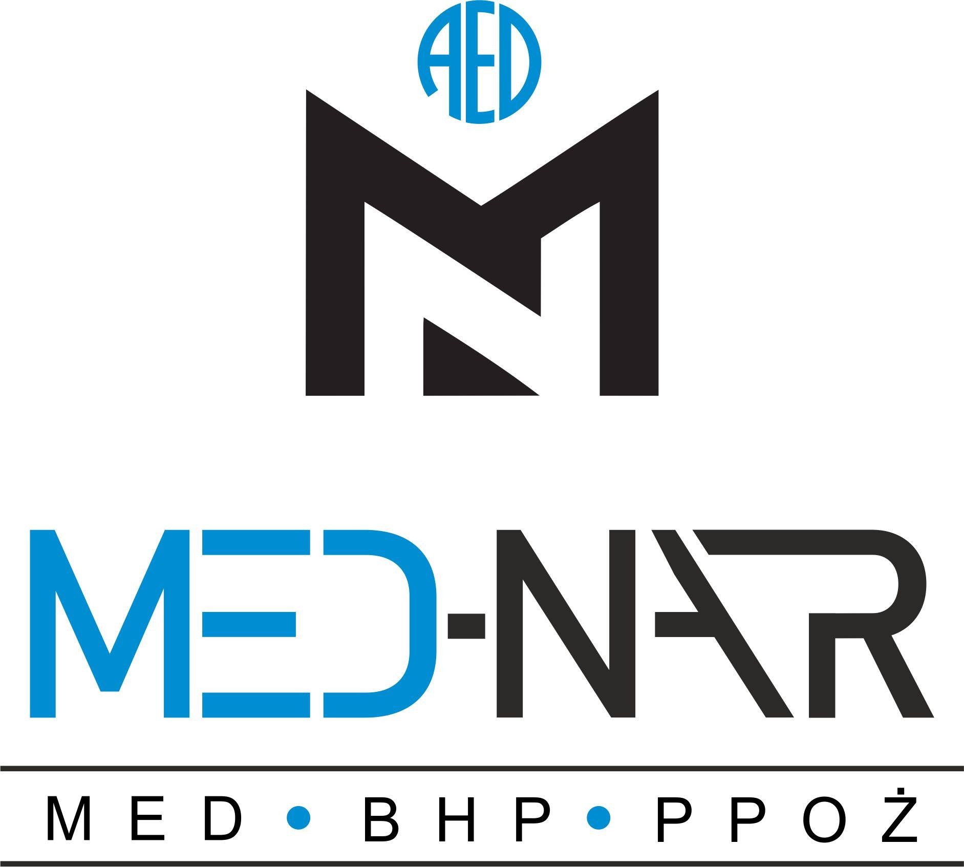 Logo firmy MED-NAR z dużym czarnym symbolem litery M i niebieskim napisem MED-NAR oraz dopiskiem MED BHP PPOŻ.