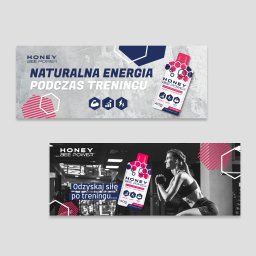 Agencja Interaktywna Digitly - Dwa banery reklamowe Honey Bee Power: górny z napisem 'Naturalna energia podczas treningu' i zdjęciem żelu energetycznego, dolny z hasłem 'Odzyskaj siłę po treningu' i sylwetką ćwiczącej kobiety.