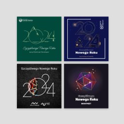 Agencja Interaktywna Digitly - Kompilacja czterech grafik z życzeniami Szczęśliwego Nowego Roku 2024, każda w innym stylu i dla innej firmy: Mikolajki Family Homes, Ministry of Creativity, Almot Wheels oraz Boostmeet.