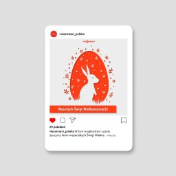 Agencja Interaktywna Digitly - Grafika w stylu Instagrama z życzeniami wielkanocnymi od Viessmann Polska. Centralny element to czerwone jajo z białym zającem w środku, otoczone dekoracyjnymi elementami roślinnymi. Na dole napis...
