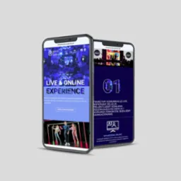 Dwa smartfony prezentujące mobilną wersję strony internetowej z ofertą live i online experience, z widocznym logo firmy Ministry of Creativity oraz fragmentami treści i grafik związanych...