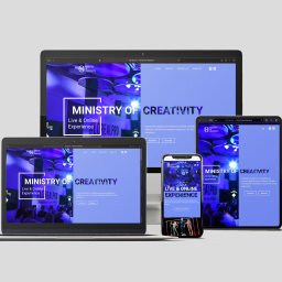 Agencja Interaktywna Digitly - Responsywna strona internetowa 'Ministry of Creativity' wyświetlana na laptopie, tablecie i smartfonie, prezentująca spójny design i układ na różnych urządzeniach.