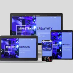 Responsywna strona internetowa 'Ministry of Creativity' wyświetlana na laptopie, tablecie i smartfonie, prezentująca spójny design i układ na różnych urządzeniach.