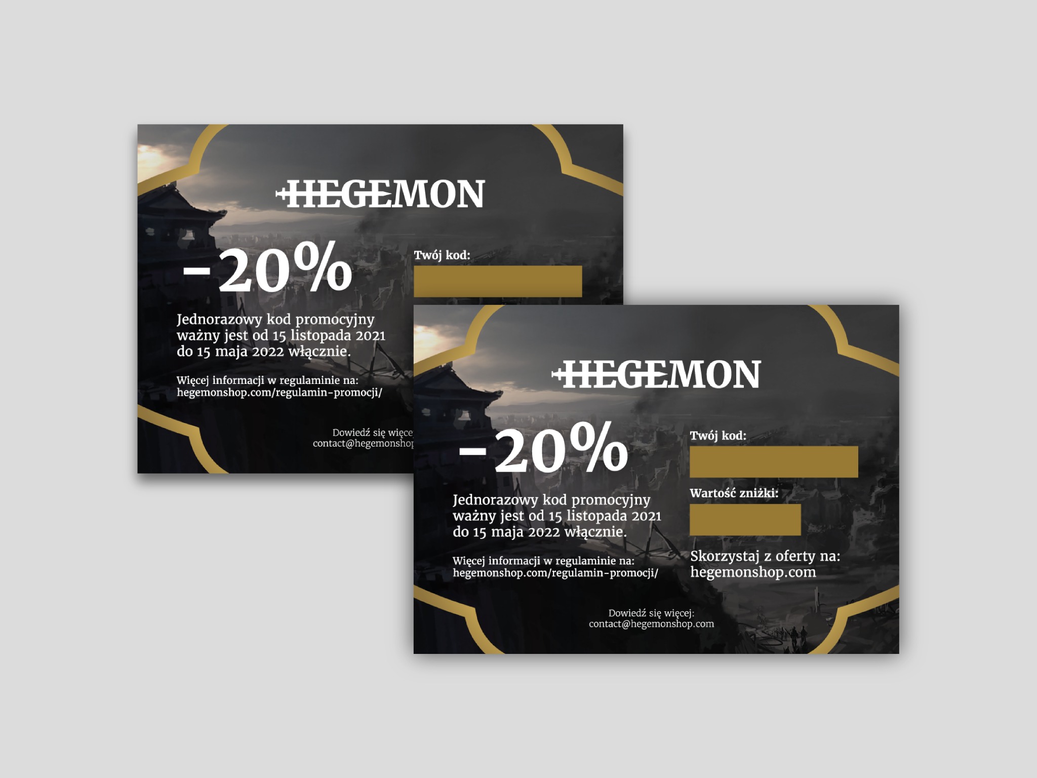 Dwa identyczne kupony rabatowe z kodem promocyjnym -20% na tle grafiki przedstawiającej azjatycki krajobraz, z informacjami o ważności kodu i adresie strony internetowej.