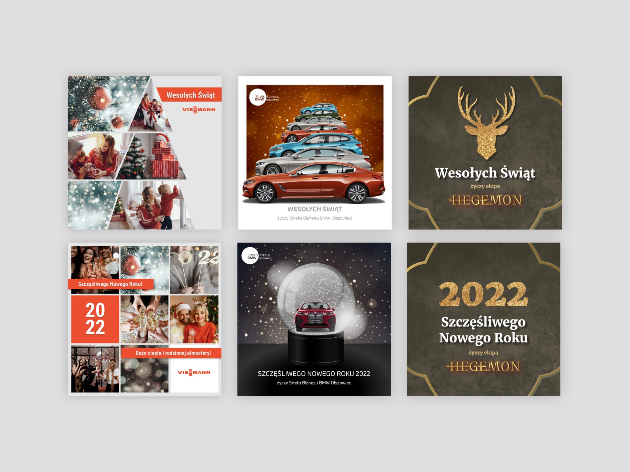 Kolaż grafik z życzeniami świątecznymi i noworocznymi różnych firm, w tym Viessmann i BMW, z motywami zimowymi, prezentami i samochodami.