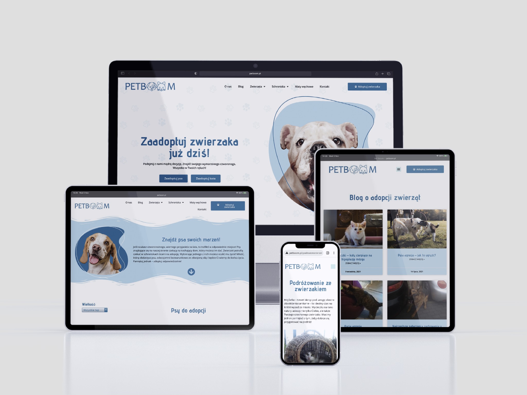 Responsywny układ strony internetowej o tematyce adopcji zwierząt, wyświetlony na laptopie, tablecie i smartfonie, prezentujący różne sekcje witryny, w tym blog i możliwość adopcji.