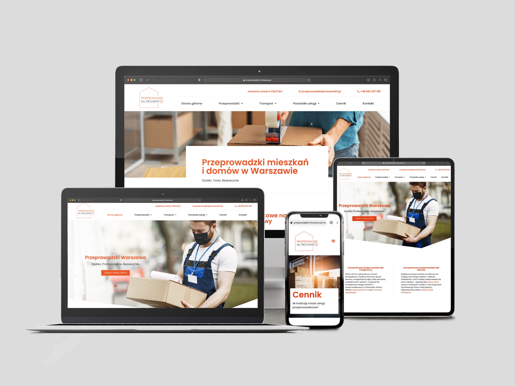Responsywna strona internetowa firmy przeprowadzkowej wyświetlana na laptopie, tablecie i smartfonie, prezentująca ofertę przeprowadzek mieszkań i domów w Warszawie, z widocznym pracownikiem...
