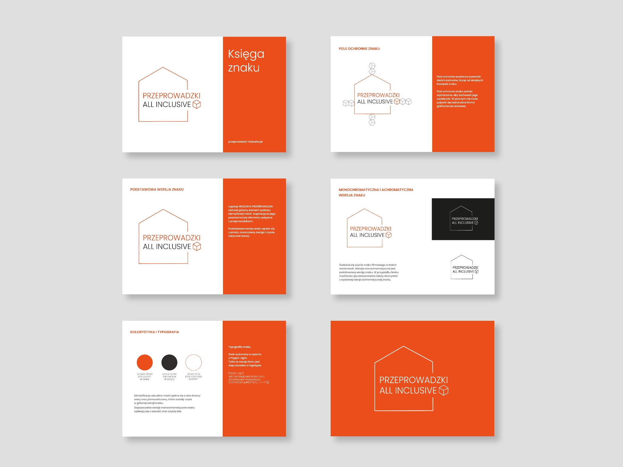 Księga znaku firmy przeprowadzkowej prezentująca logo, typografię i kolorystykę marki w różnych wariantach.