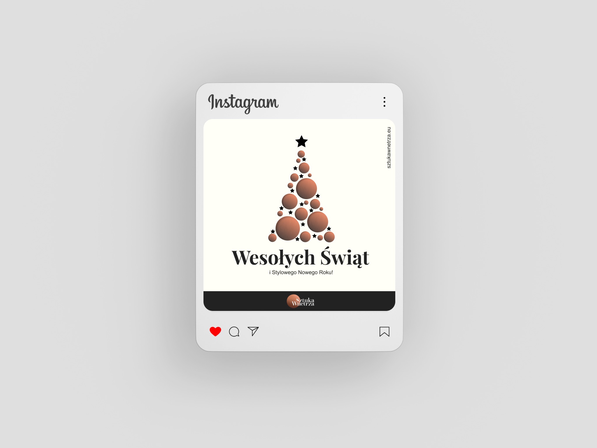 Grafika bożonarodzeniowa w ramce Instagrama: stylizowana choinka z brązowych kul i gwiazd, napis 'Wesołych Świąt i Stylowego Nowego Roku!' oraz logo 'Sztuka Wnętrza'.