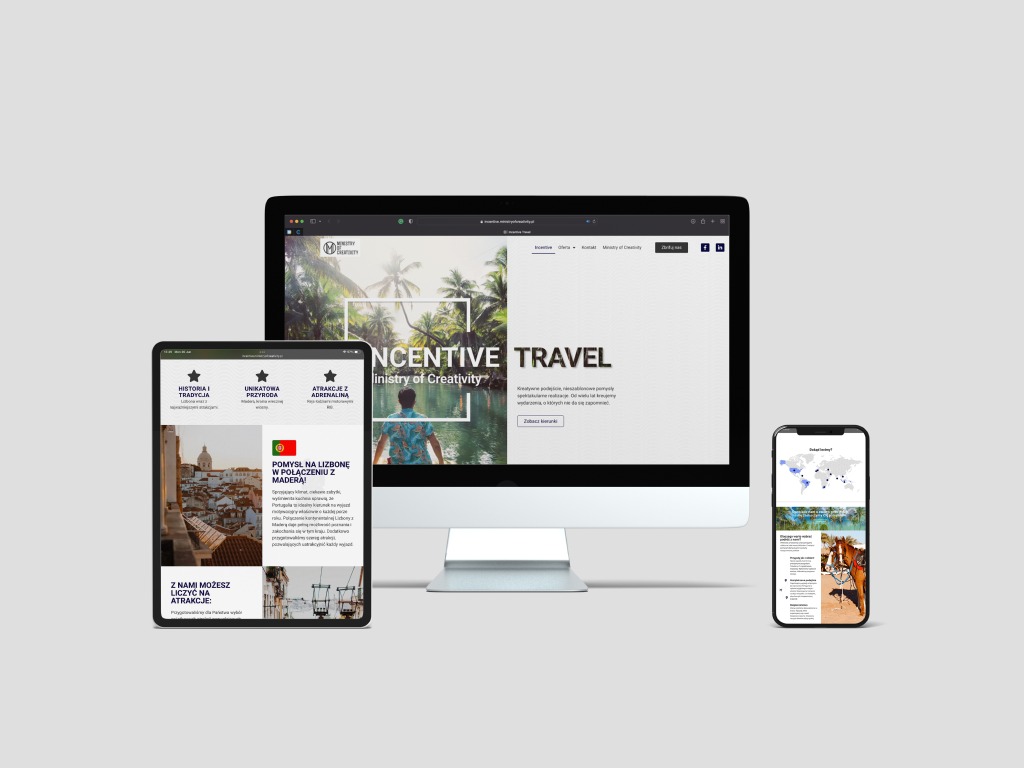 Responsywna strona internetowa o tematyce podróżniczej wyświetlana na monitorze, tablecie i smartfonie, prezentująca różne układy i treści.