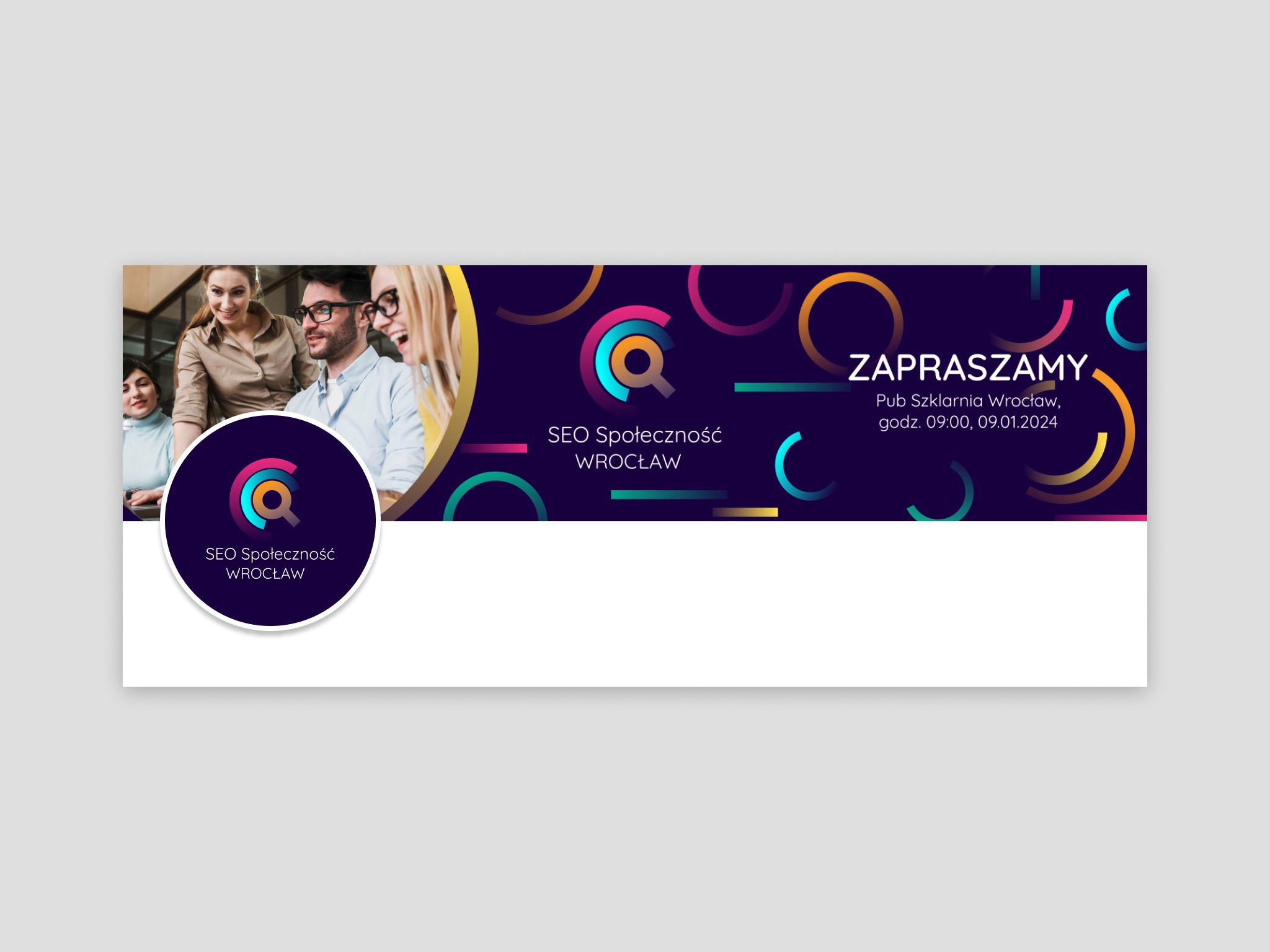 Baner reklamowy SEO Społeczność Wrocław z datą i miejscem spotkania, w tle uśmiechnięci ludzie podczas pracy zespołowej.