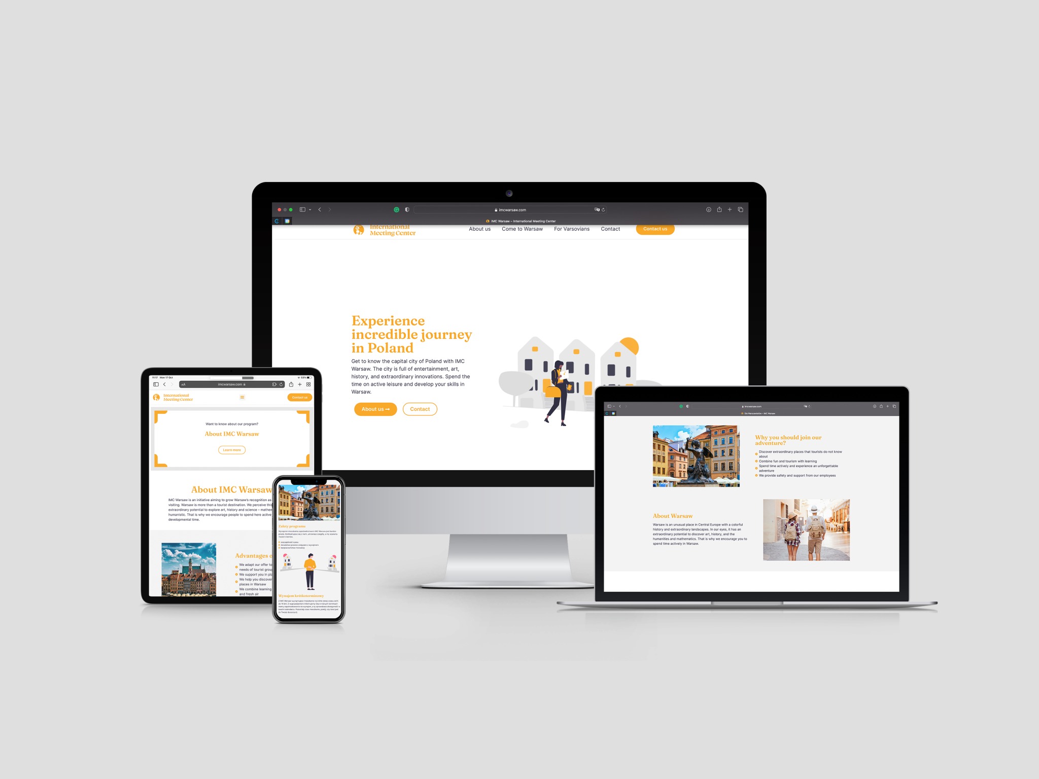 Responsywna strona internetowa IMC Warsaw wyświetlana na laptopie, monitorze, tablecie i smartfonie, prezentująca ofertę turystyczną i kulturalną Warszawy.