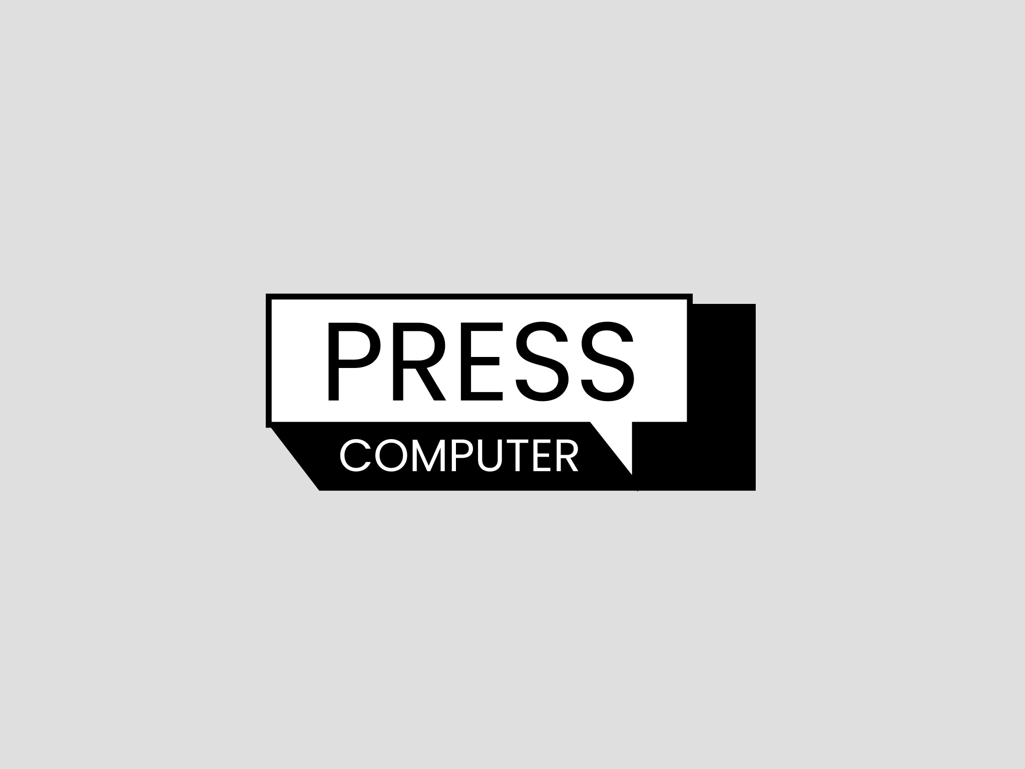 Minimalistyczne logo firmy z nazwą 'PRESS' w białej ramce przypominającej dymek i 'COMPUTER' poniżej w czarnym obszarze.