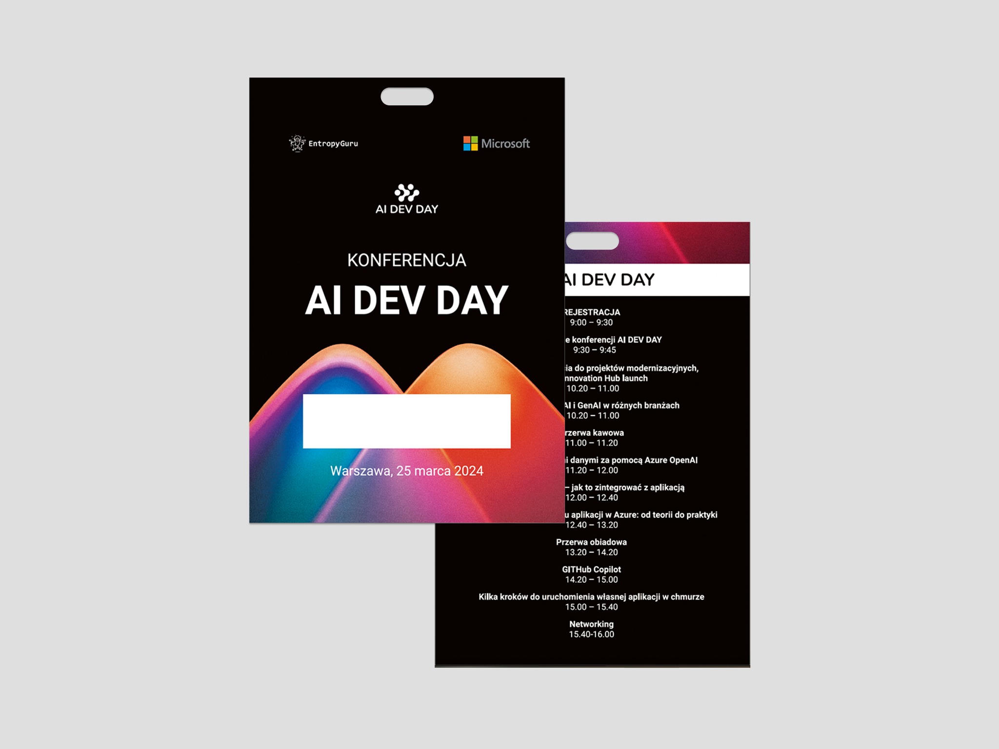 Dwa identyfikatory konferencyjne AI Dev Day 2024 w Warszawie, z logotypami EntropyGuru i Microsoft, prezentujące agendę wydarzenia.