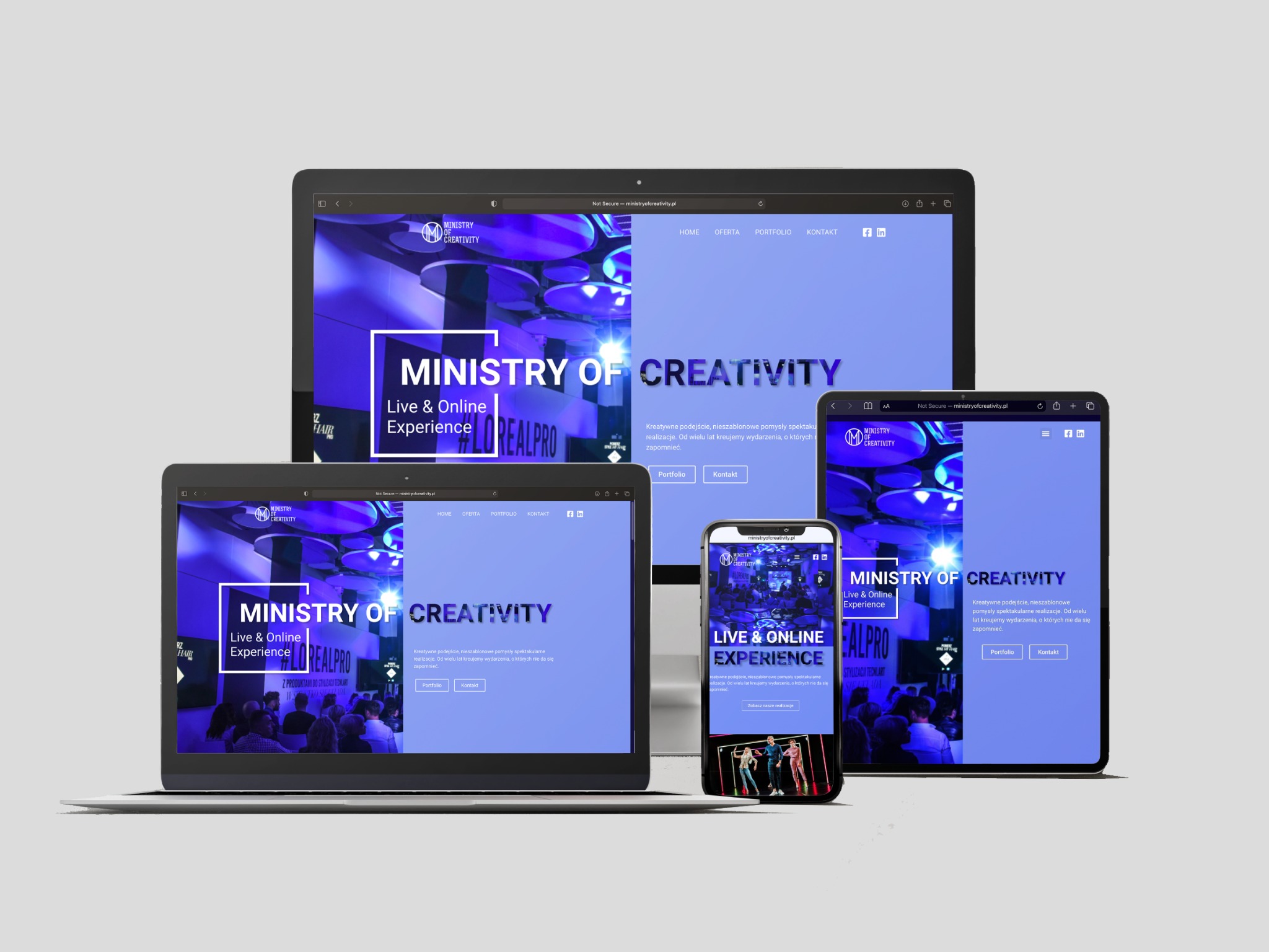 Responsywna strona internetowa 'Ministry of Creativity' wyświetlana na laptopie, tablecie i smartfonie, prezentująca spójny design i układ na różnych urządzeniach.