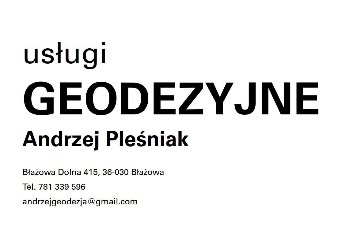 Wizytówka firmy: Usługi Geodezyjne Andrzej Pleśniak, Błażowa Dolna, z numerem telefonu i adresem email.