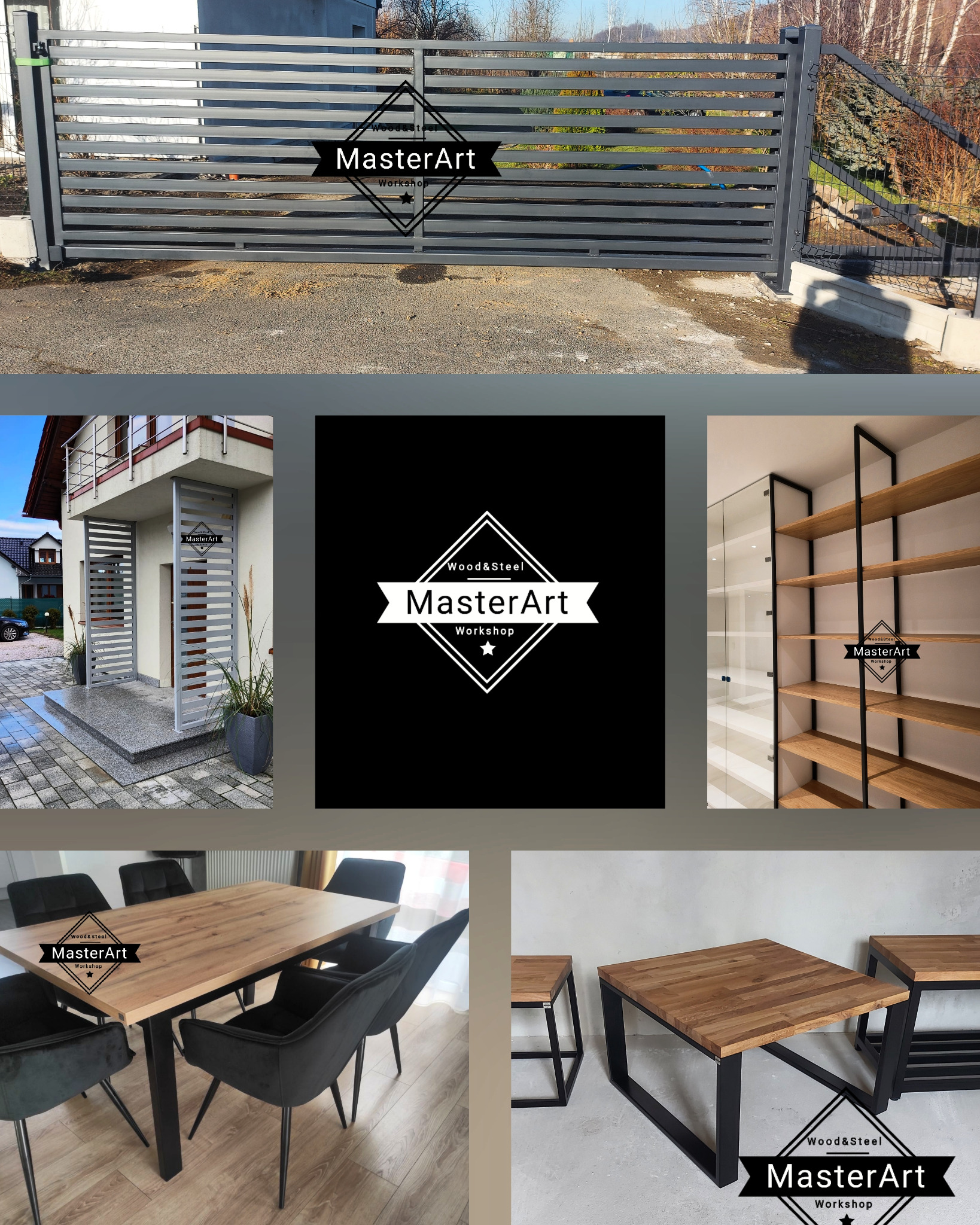 Nowoczesna, przesuwna brama wjazdowa z poziomych profili, z logo firmy MasterArt Workshop wkomponowanym w zdjęcie.