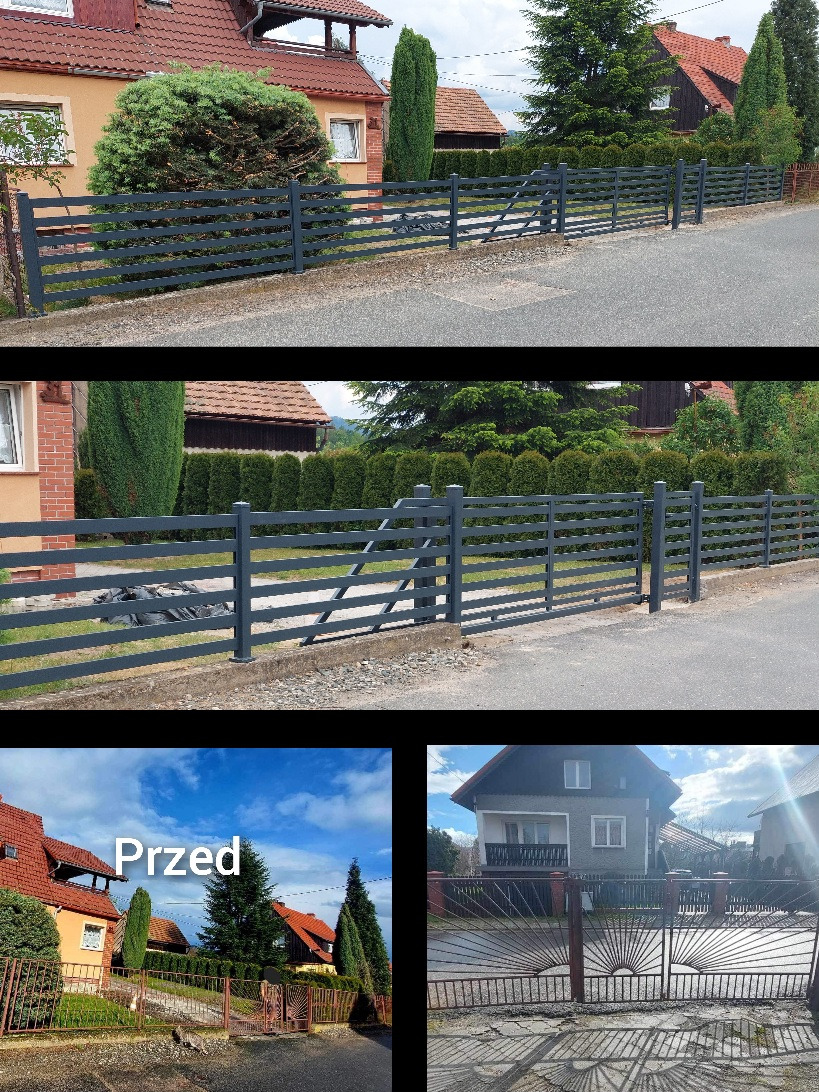 Zdjęcie typu 'przed i po' prezentujące odnowione ogrodzenie posesji z metalowymi przęsłami w kolorze grafitowym. Widoczne detale wykończenia i poprawa estetyki otoczenia.