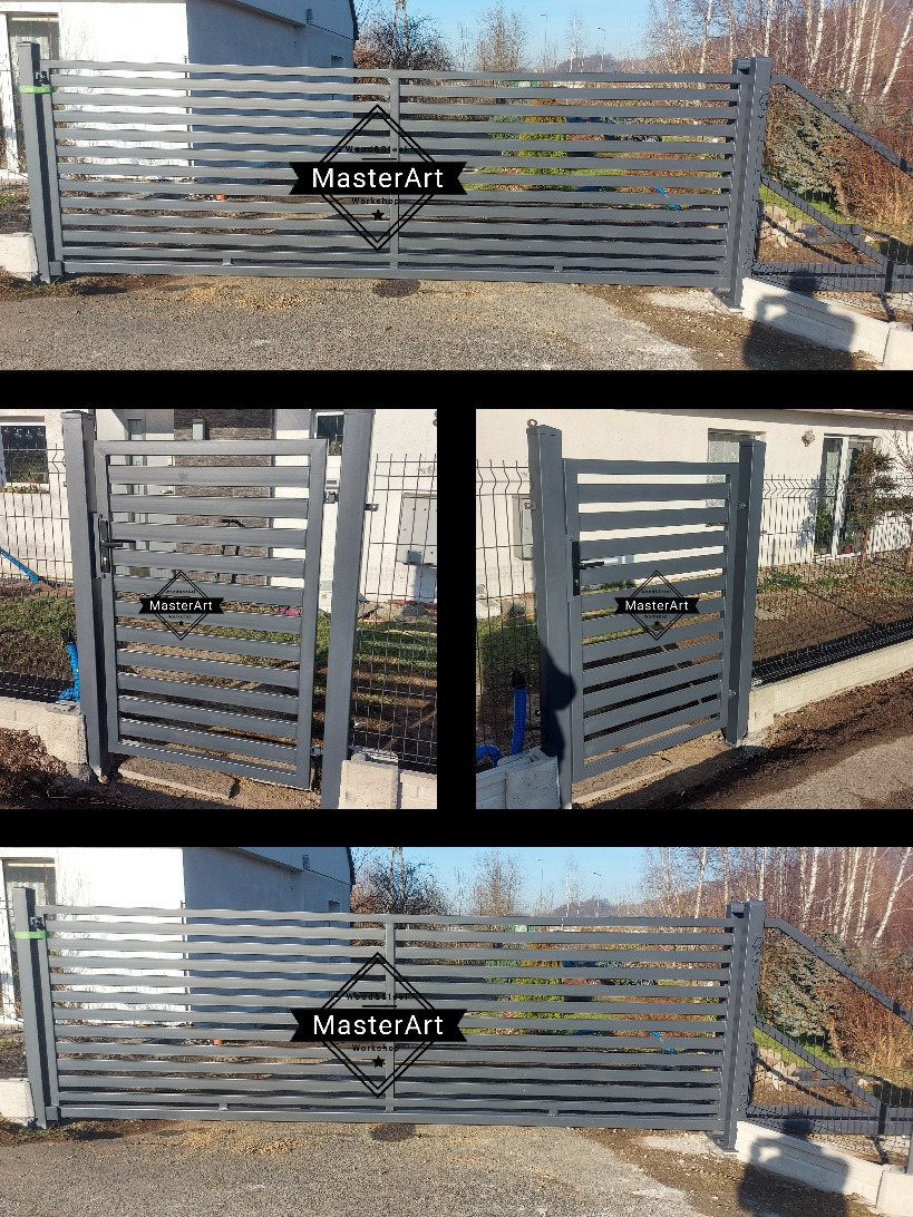 Nowoczesna, szara brama wjazdowa z poziomymi profilami o falistym wzorze, zamontowana przed domem. Widoczne detale spawów i solidna konstrukcja.