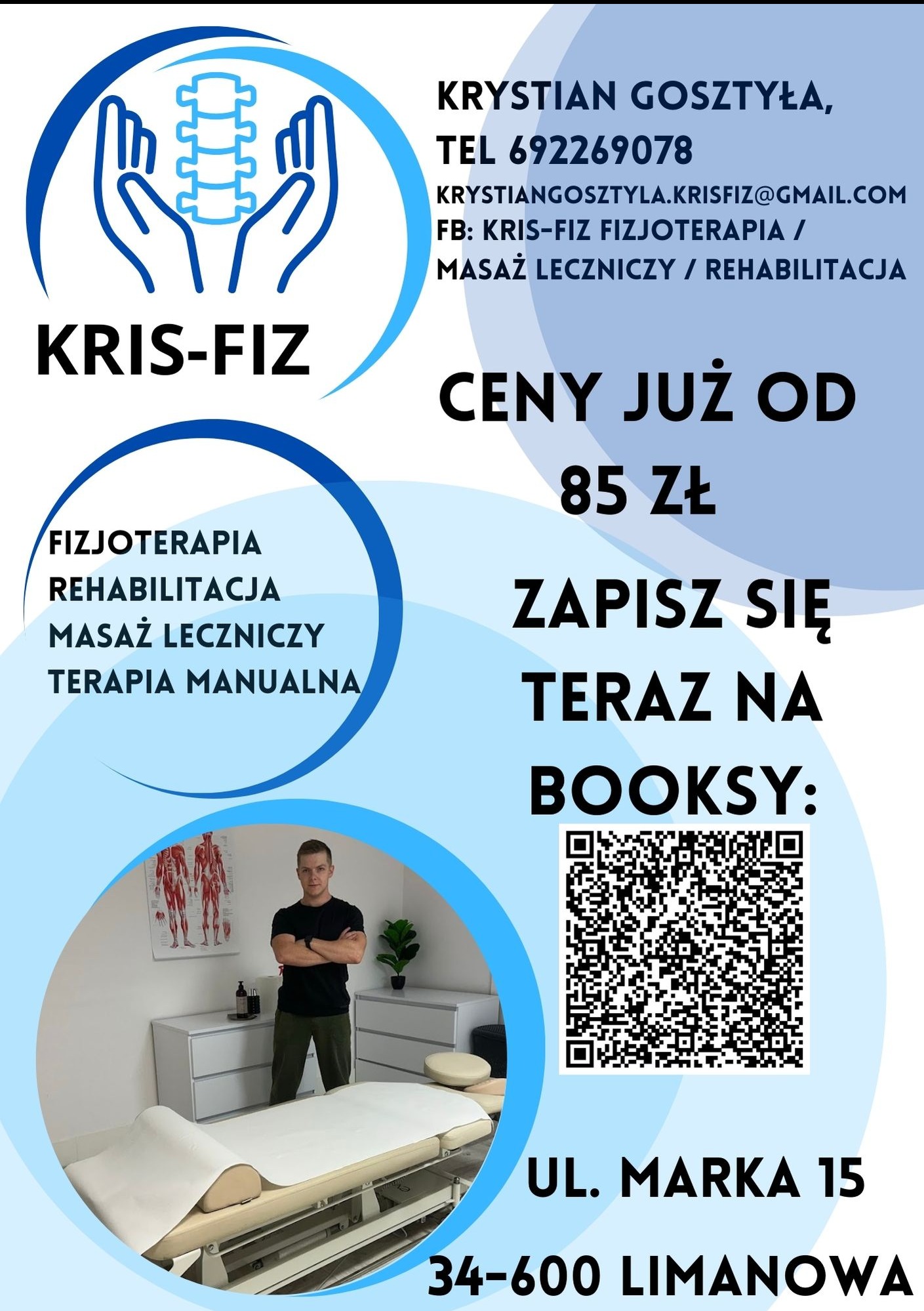 Ulotka reklamowa gabinetu fizjoterapii Kris-Fiz z cennikiem od 85 zł, adresem i danymi kontaktowymi, w tle gabinet z leżanką i fizjoterapeutą.